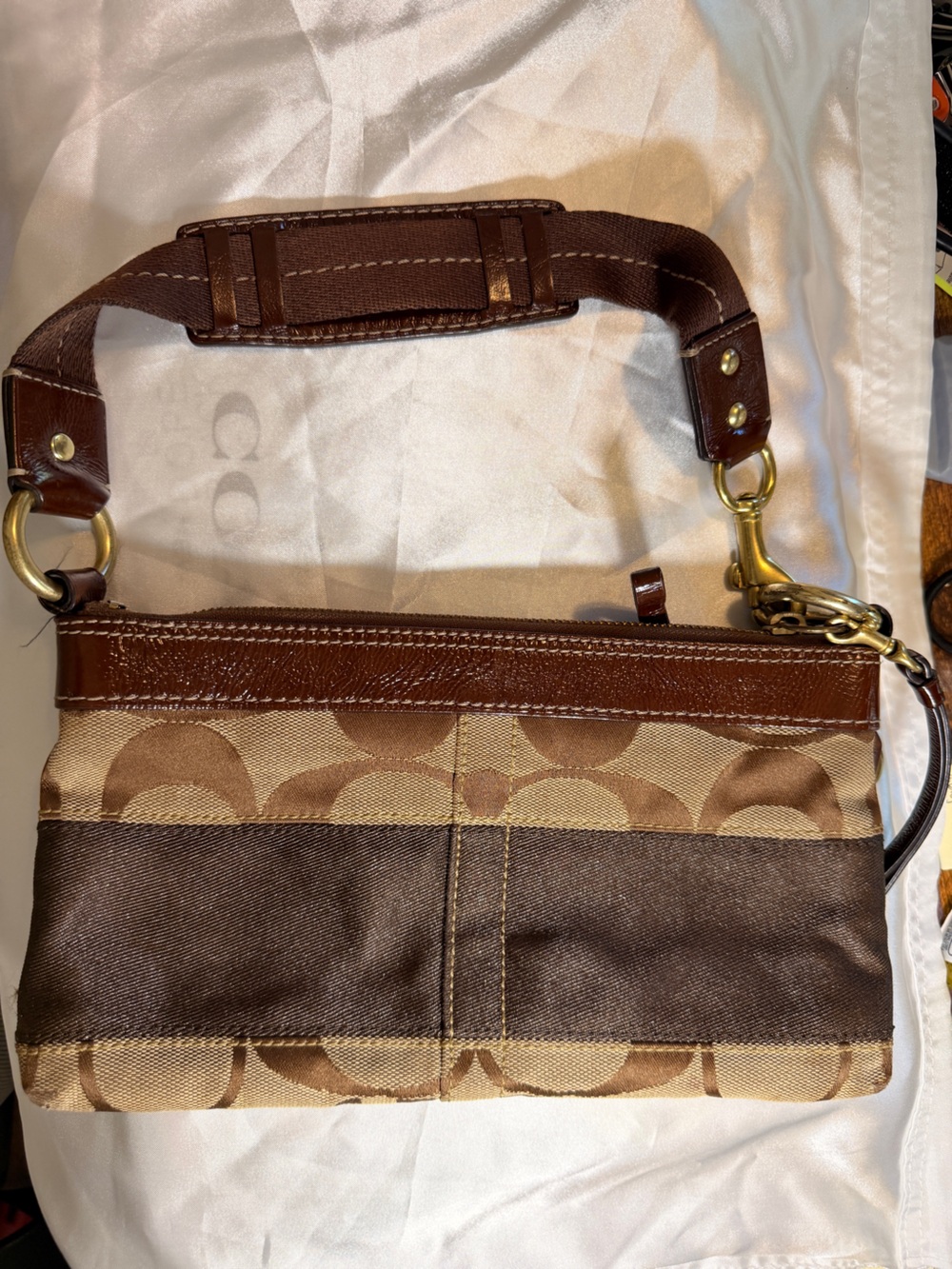 Vintage Coach Y2K Signature Stripe Top Handle Shoulder Bag - 10" Khaki Brown